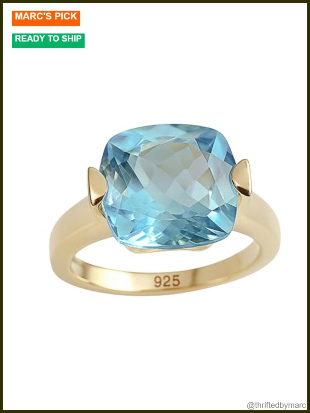 Natural Blue Topaz Cushion Statement Ring 925 Sterling Silver Gold Plated